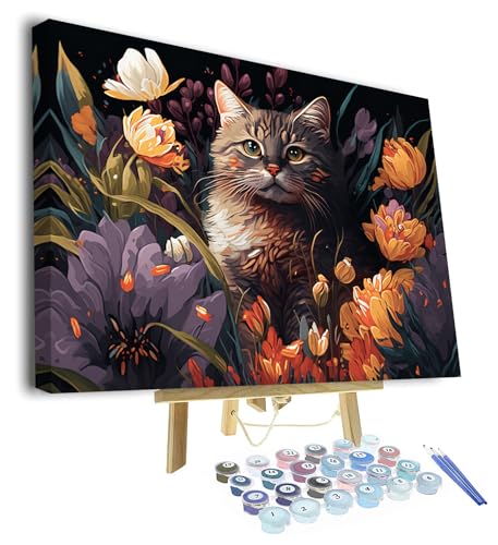 TISHIRON Tiere Malen nach Zahlen für Erwachsene Katze und Blumen Öl-Handmalerei DIY abstrakte Erwachsene Malen nach Zahlen Kits auf Leinwand mit Pinseln Kunsthandwerk für Zuhause 40 x 50 cm(Rahmen) von TISHIRON