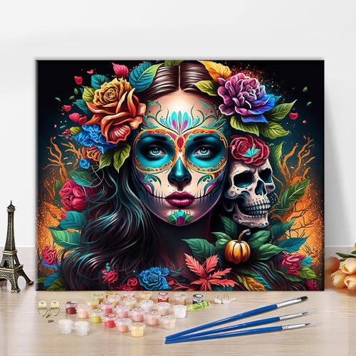 TISHIRON Totenkopf Mädchen Malen nach Zahlen Erwachsene Tag der Toten Acrylmalerei mit Pinseln Erwachsene Malen nach Zahlen Kits Kunsthandwerk für Home Canvas Geschenke 16 "x20(Frameless) von TISHIRON