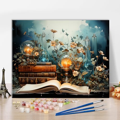 TISHIRON Wissen DIY Malen nach Zahlen für Erwachsene, Buch und Blumen Malen nach Zahlen Kits mit Pinsel und Pigment für Haus Wanddekoration, Kunsthandwerk, 40x50 CM (Rahmenlos) von TISHIRON