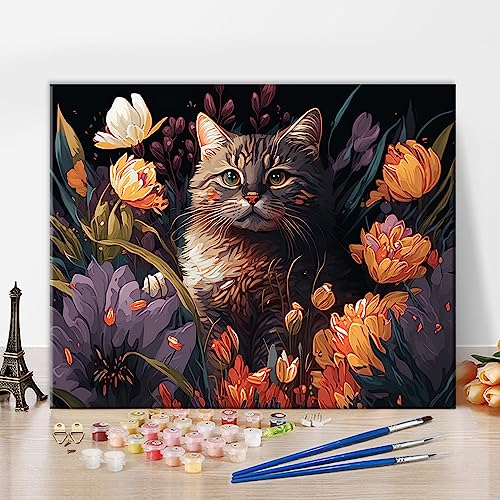 Tiere Malen nach Zahlen für Erwachsene Katze und Blumen Öl-Handmalerei DIY abstrakte Erwachsene Malen nach Zahlen Kits auf Leinwand mit Pinseln Kunsthandwerk für Zuhause 40 x 50 cm(rahmenlos) von TISHIRON