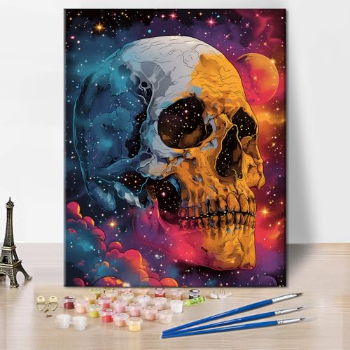 TISHIRON Totenkopf Malen nach Zahlen, Totenkopf mit Wolken und Sternen Malen nach Zahlen für Erwachsene, Sterne und Totenköpfe Malen nach Zahlen Kits auf Leinwand, 40x50 CM, (Rahmenlos) von TISHIRON