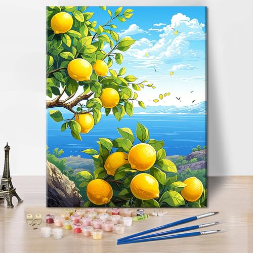 Zitronenbaum Malen nach Zahlen für Erwachsene, Küstenlinie Landschaft einfach Erwachsene Malen nach Zahlen Kits auf Leinwand, DIY Öl Hand Malerei Kunsthandwerk für Home 40 x 50 cm(rahmenlose) von TISHIRON