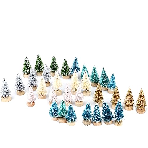 TITA-DONG 32-teiliges Mehrfarbiges Künstliches Mini-Weihnachtsbaum-Set, Mini-Weihnachtsbäume, Miniatur-Kiefern, Sisalbäume mit Holzsockel, Flaschenbürstenbäume, Set für(32 Stück) von TITA-DONG