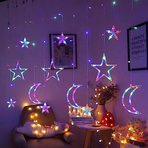 TITA-DONG LED-Vorhanglichter, Dekorative Sternenvorhang-Lichter, Monde und Sterne, LED-Nachtlicht für Innenfenster, Kinderzimmer, Terrasse, Veranda, Camping, Gästezimmer-Dekoration,(Farbe Stern Mond) von TITA-DONG