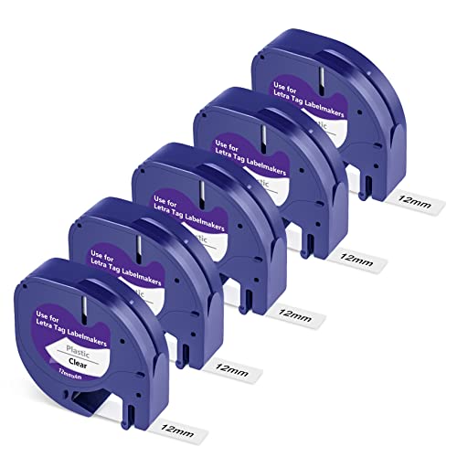 TITBIT Kompatibel für Dymo Letra tag Etikettenband Clear Plastic 12mmx4m, Schwarz auf Klar, für Dymo Etikettenband Kunststoff LT-100T LT-100H LT-110T QX50 XM XR 2000, 5 Packung von TITBIT