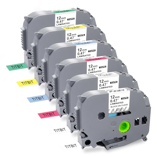 TITBIT Kompatible Etikettenband Ersatz für Brother P Touch TZe-131 231 431 531 631 731 Laminierband 12mm 8m für PT-D210 D600 H105 Etikettendrucker Schwarz auf Klar Weiß Rot Blau Gelb Grün 6-Packung von TITBIT