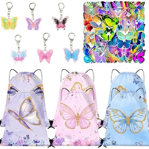 TIVUNORON 62 Pcs Schmetterling Party Mitgebsel Mädchen, Schmetterling Themed Party Kinder Geschenke, 6 Schmetterlings Kordelzugtasche 6 Schlüsselanhänger 50 Aufkleber, Mitgebsel Spielzeug für Mädchen von TIVUNORON