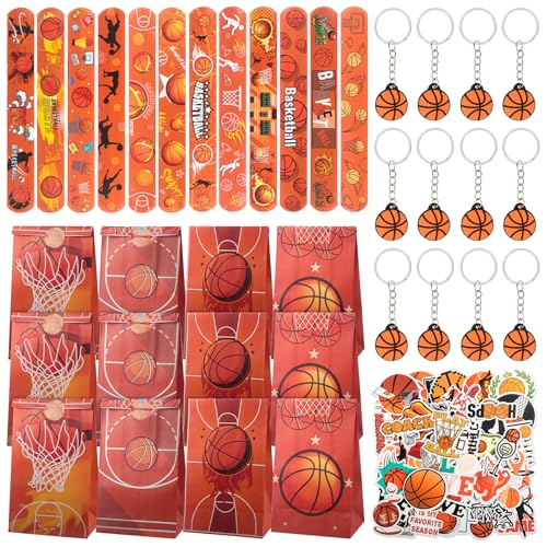 TIVUNORON Basketball Party Mitgebsel, 86Pcs Kinder Geschenke Party Zubehör, Basketball Schlüsselanhänger Slap Armbänder Geschenktüten Aufkleber, Jungen Mädchen Geburtstag Geschenke von TIVUNORON