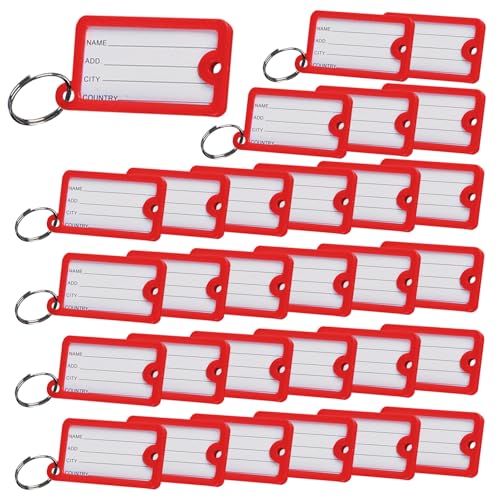 30 Stück Farbkennzeichnungsschild farbige, Robust Kunststoff Schlüsselanhänger Beschriften Etiketten, Namensschilder Schlüsseletiketten Für Namen, Gepäck, Taschen, Rucksäcke (Rot) von TJCGCKK