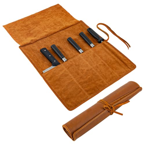 Messertasche Echtleder, Messertasche Kochmesser, Gelbbraun Messerrolle Leder, Messerrolle mit 5 Fächern, für Profiköche Oder Kochbegeisterte, Tragbare Aufbewahrungstasche für Messer, Küchenmesser von TJHDSF