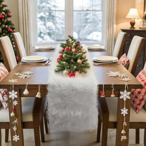 Tischläufer, Tischläufer Weiß, Kunstfell Fell-Tischläufers, Ostertischläufer, Runner Schmal, Kunstfell Meterware, für Partys, Geburtstage, Weihnachten,Friendsgiving,Hochzeiten,Esstische(11.81"x47.24") von TJHDSF