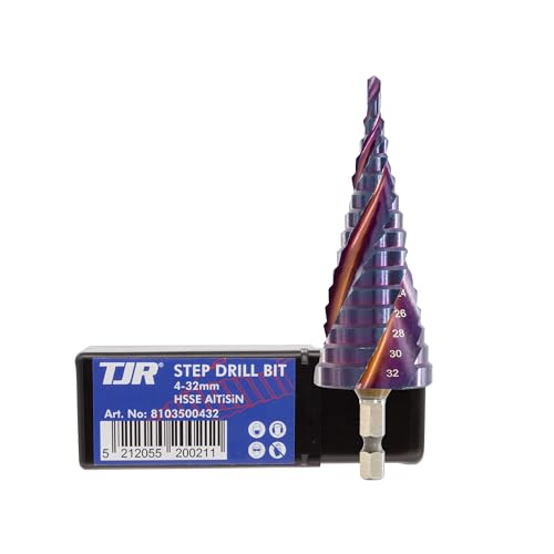 TJR® 4-32mm Stufenbohrer HSSE AlTiSiN-beschichtet – Präzisions-Spiralnut mit 1/4" Sechskantschaft für Metall, Holz & Kunststoff – Hochleistungs-Mehrstufenlochschneider von TJR