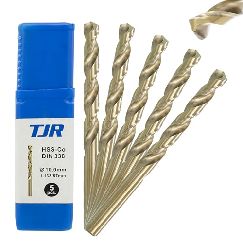TJR® HSS-E M35 Ø 10mm Kobalt Spiralbohrer Set 5 Stück, Selbstzentrierend, Schnellarbeitsstahl, DIN 338 Typ N, 135° Splitterschneide, Metallbohren für Stahl, Edelstahl und Gusseisen von TJR