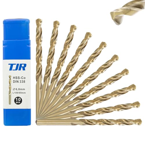 TJR® HSS-E M35 Ø 6,8mm Kobalt Spiralbohrer Set 10 Stück, Selbstzentrierend, Schnellarbeitsstahl, DIN 338 Typ N, 135° Splitterschneide, Metallbohren für Stahl, Edelstahl und Gusseisen von TJR