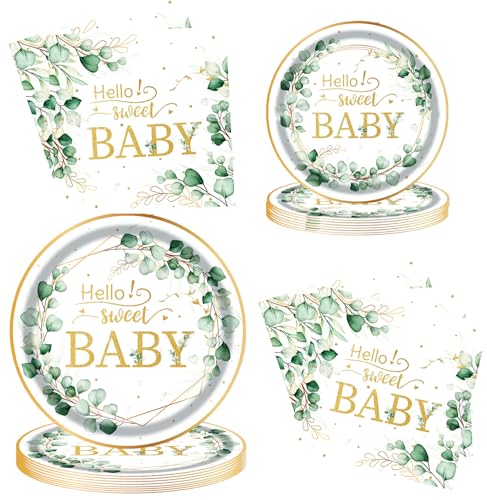 Greenery Babyparty-Party-Dekorationen, grüner Eukalyptus, Babyparty-Geschirr-Set mit salbeigrünen Teller, Servietten für Jungen, Mädchen, neutrale Party (grünes Baby) von TJSWYADGS