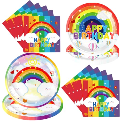 Regenbogen Thema Party Teller Servietten 60pcs Regenbogen Geburtstag Geschirr Set für Kinder Geburtstag Baby Shower Party Dekorationen für 20 Gäste (Weiß) von TJSWYADGS