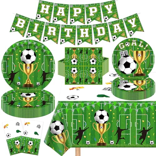 123 Packung Fußball Party Dekorationen Fußball Party Zubehör Set Sport Thema Zubehör Sport Themed Birthday Partie Supplies enthalten Teller Servietten Banner Tischdecke dient 40 von TJYJOY