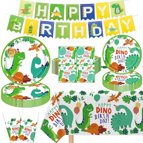 123 Stücke Dinosaurier Party Zubehör Dino Geburtstag Party Dekorationen Set Dinosaurier Themed Happy Birthday Zubehör Inklusive Teller, Servietten, Geburtstagsbanner, Partytischdecke für 40 Gäste von TJYJOY