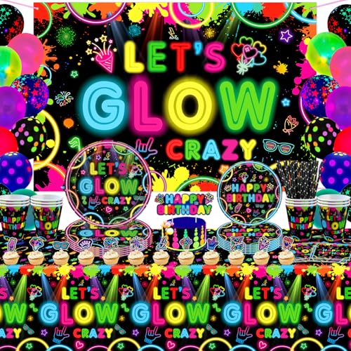 160 Stück Glow Neon Party Supplies Glow Party Geschirr Set Neon Geburtstag Party Dekorationen einschließlich Teller Hintergrund Luftballons Servietten Tischdecken Neon im Dunkeln Thema Party Supplies von TJYJOY