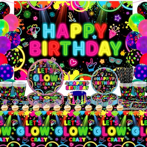 160 Stück Glow Neon Party Supplies Neon Geburtstag Party Dekorationen Glow Party Geschirr Set Inklusive Teller Hintergrund Luftballons Servietten Tischdecken Neon im Dunkeln Thema Party Supplies von TJYJOY