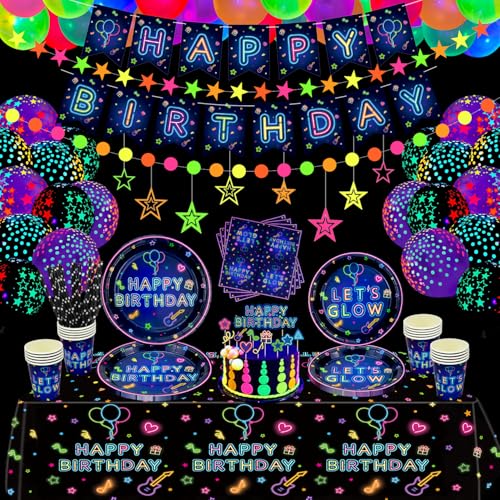 180 Stück Glow Party Supplies Neon Partygeschirr Set Neon Ballon Glow in the Dark Happy Birthday Plates Banner Hanging Stars Cake Topper Servietten Tassen für Schwarzlicht Party Dekorationen 180 Stück Glow Party Supplies Neon Partygeschirr Set Neon Ballon Glow in the Dark Happy Birthday Plates Banner Hanging Stars Cake Topper Servietten Tassen für Schwarzlicht Party Dekorationen von TJYJOY