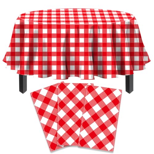 3 Stück Einweg Rot Karierte Tischtuch Rot Weiß Runder Tischdecke Klassisch Ostern Themen Tischabdeckung Wasserdicht Karierte Tischtuch für Kinder Picknick Geburtstag Dekorationen 213 x 213 cm von TJYJOY