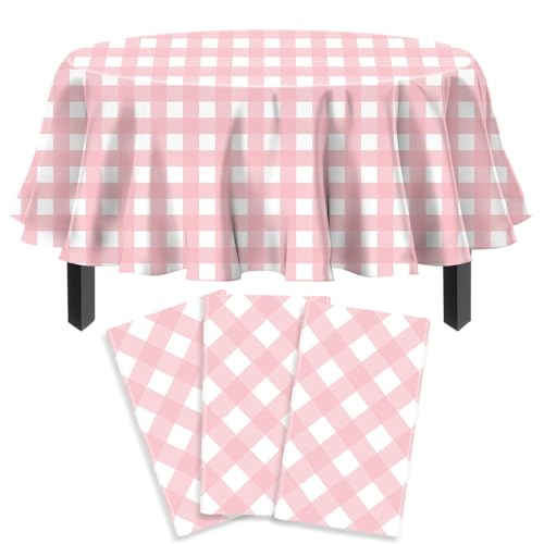 3 Stück Einweg Rosa Karierte Tischtuch Rosa Weiß Runder Tischdecke Klassisch Ostern Themen Tischabdeckung Wasserdicht Karierte Tischtuch für Kinder Picknick Geburtstag Dekorationen 213 x 213 cm von TJYJOY