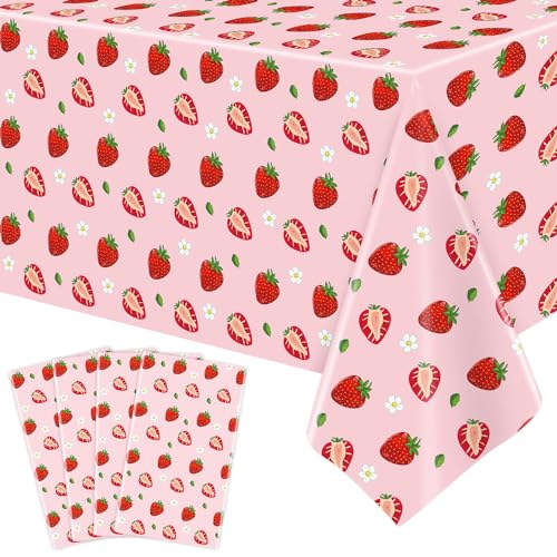 4 Stück Einweg Rosa Erdbeer Tischtuch Erdbeer Tischtuch Party Tischdecke Erdbeer Themed Tabelle Tischabdeckung Wasserdicht Tischtuch für Brautpartys Kinder Mädchen Dekorationen 130 x 220 cm von TJYJOY