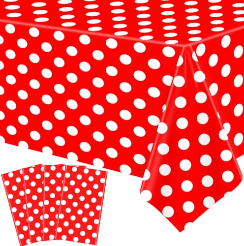 4 Stück Einweg Wellenpunkt Tischtuch Weiße Punkte auf Rotem Hintergrund Rechteckig Tischdecke Wasserdicht Partei Wellenpunkt Tischtuch für Kinder Picknick Mädchen Geburtstag Dekorationen 130 x 220 cm von TJYJOY