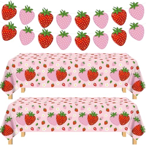 4 Stück Beeren Erste Geburtstag Dekoration Erdbeere Tischdecke Beeren Süße Einwegtischdecke Erdbeere Banner Mädchen Erdbeere Themenparty Babydusche Obst Party Aufhängung Zubehör von TJYJOY