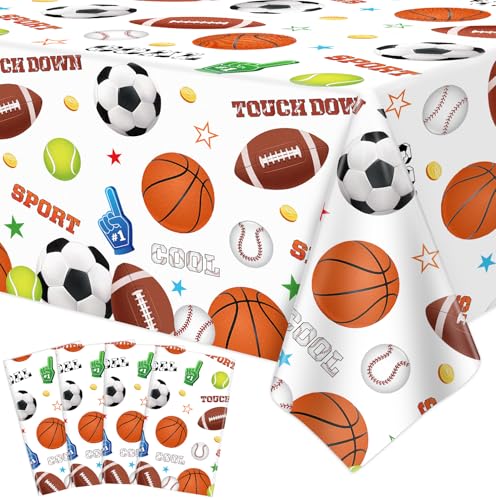4 Stück Einweg Bewegung Thema Tischtuch Fußball Basketball Baseball Tennistennis Fußballrugby Tischdecke Wasserdicht Bewegung Tischtuch für Kinder Jungen Geburtstag Partei Dekorationen 130 x 220 cm von TJYJOY