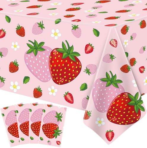 4 Stück Einweg Erdbeer Tischtuch Rot Erdbeer Tischtuch Party Tischdecke Erdbeer Themed Tabelle Tischabdeckung Wasserdicht Tischtuch für Brautpartys Kinder Mädchen Dekorationen 130 x 220 cm von TJYJOY