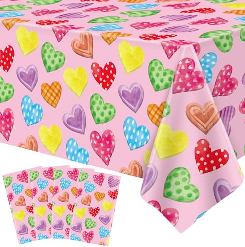4 Stück Einweg Rosa Valentinstag Tischdecken Bunte Herz Rechteckig Tischdecke Wasserdicht Müttertag Tischtuch für Verlobung Jahrestag Partei Hochzeitstag Partyzubehör Dekorationen 130 x 220 cm von TJYJOY