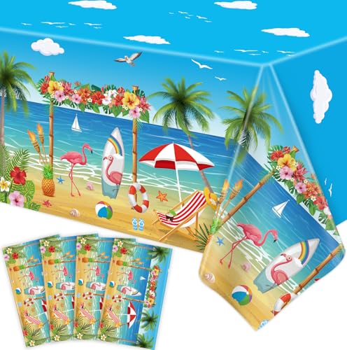 4 Stück Einweg Strand Schwimmbad Tischtuch Hawaii Aloha Party Tischdecke Flamingo Surfbrett Tischdecke Wasserdicht Ozean Tischtuch für Kinder Ozean Geburtstag Dekorationen 130 x 220 cm von TJYJOY