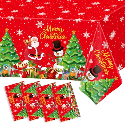 4 Stück Frohe Weihnachten Tischdecke Schneeflocke Tischdecke Weihnachtsmann Tischdeckes Weihnachtsbaum Tischdeckes Schneemann Party Dekoration Weihnachten Neujahr Zubehör 220 x 130cm von TJYJOY