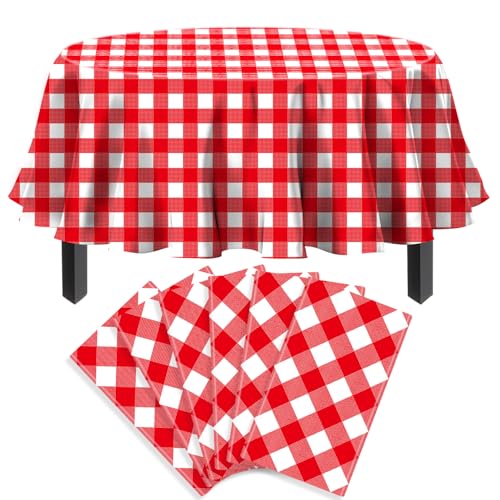 6 Stück Einweg Rot Karierte Tischtuch Rot Weiß Runder Tischdecke Klassisch Ostern Themen Tischabdeckung Wasserdicht Karierte Tischtuch für Kinder Picknick Geburtstag Dekorationen 213 x 213 cm von TJYJOY