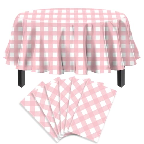 6 Stück Einweg Rosa Karierte Tischtuch Rosa Weiß Runder Tischdecke Klassisch Ostern Themen Tischabdeckung Wasserdicht Karierte Tischtuch für Kinder Picknick Geburtstag Dekorationen 213 x 213 cm von TJYJOY