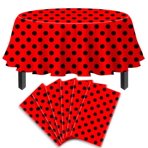 6 Stück Einweg Wellenpunkt Tischtuch Schwarz Punkte auf Rot Hintergrund Runder Tischdecke Wasserdicht Partei Wellenpunkt Tischtuch für Kinder Picknick Mädchen Geburtstag Dekorationen 213 x 213 cm von TJYJOY