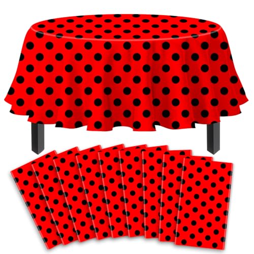9 Stück Einweg Wellenpunkt Tischtuch Schwarz Punkte auf Rot Hintergrund Runder Tischdecke Wasserdicht Partei Wellenpunkt Tischtuch für Kinder Picknick Mädchen Geburtstag Dekorationen 213 x 213 cm von TJYJOY