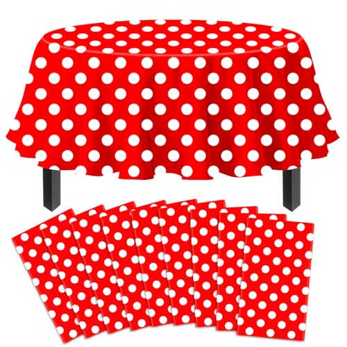 9 Stück Einweg Wellenpunkt Tischtuch Weiße Punkte auf Rotem Hintergrund Runder Tischdecke Wasserdicht Partei Wellenpunkt Tischtuch für Kinder Picknick Mädchen Geburtstag Dekorationen 213 x 213 cm von TJYJOY