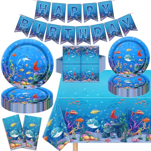 TJYJOY 123 unter dem Meer Party Supplies Ozean Tier Geburtstag Party Dekorationen Ozean unter dem Motto alles Gute zum Geburtstag liefert enthalten Teller Servietten Banner Tischdecke für 40 Gäste von TJYJOY