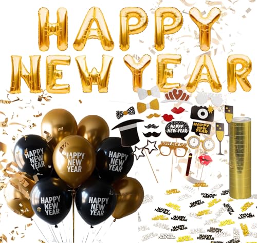 Dekotalent® 3x XXL Silvester Deko 2024 Set - HAPPY NEW YEAR Wiederverwendbar- 55 cm Neujahrsdeko - New Year Decoration - mit über 100 Teilen wie Luftballons, Luftschlangen als Dekoration zu Neujahr von TK Gruppe Timo Klingler