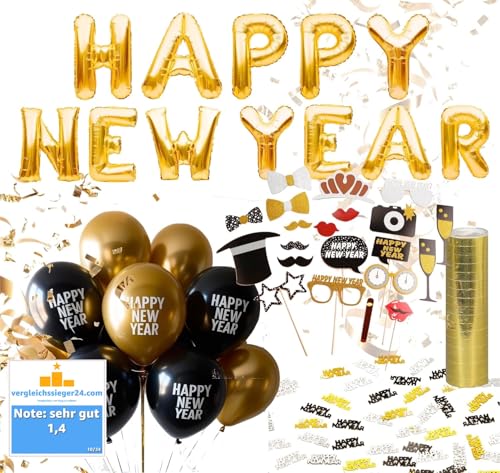 XXL Silvester Deko 2024 Set Happysparks® WIEDERVERWENDBAR - Happy New Year - Neujahrsdeko - New Year Decoration - mit Luftballons, Luftschlangen, Latexballons, Konfetti uvm. Dekoration zu Neujahr von TK Gruppe Timo Klingler