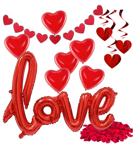 XXL Valentinstag Dekoration Deko Set - Heiratsantrag Hochzeit mit Herzluftballons, Girlande, LOVE Folienballon, Rosenblätter rot - Für Sie & Ihn - Freundin & Freund von TK Gruppe Timo Klingler
