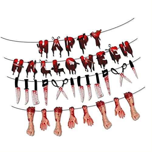 Halloween Deko Horror 3 Stück Girlande Aufhängen Decoration Happy Halloween Banner Blutige Messer und Füße & Hände Girlande,Garten Party Halloween Horror Deko von TK28MN