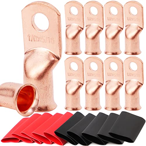 TKDMR 10 x 1/0 AWG-5/16 Batterieanschlüsse, robuste Drahtschuhe, Ringkabelenden, Batteriekabelenden, 0 Gauge-Klemmen, Batterieklemmen-Anschlüsse mit 10 Stück 3:1 Schrumpfschläuchen von TKDMR