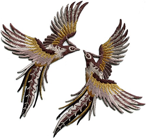 Phoenix Phenix Vögel Zeder Braun Schwarz Gold gestickte Applikationen Bügelbilder Paar S-1339 von TKPatch
