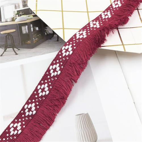 1 Meter Fransenborte - 25 mm Fransenband TextilbordüRe Lace Ribbon StoffbordüRe Dekoband DIY Spitzenborte Quastenborte Vintage Stoffband Quasten Trim Quastenband zum Nähen (Weinrot) von TKSJROL
