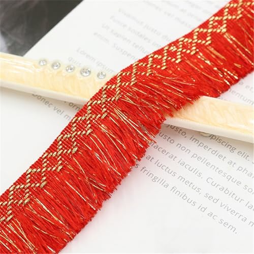 10 Meter Fransenborte - 3 cm Fransenband TextilbordüRe StoffbordüRe DIY Spitzenborte Quastenborte Dekoband Lace Ribbon Vintage Stoffband Quasten Trim Quastenband zum Nähen (Rot + Gold) von TKSJROL