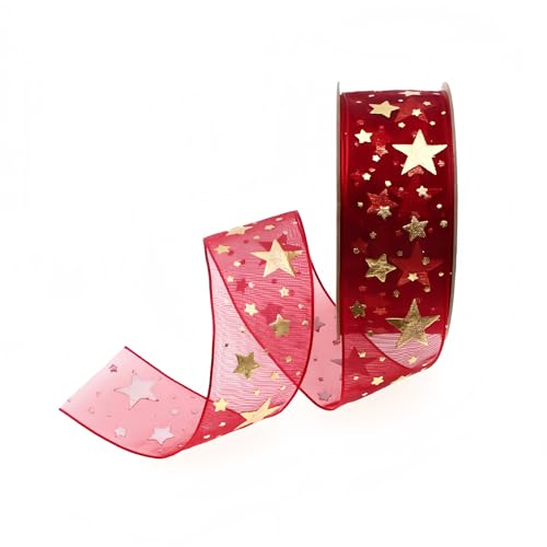 10 Meter Glitzerband 25mm – Organza Tüllband mit Sternen, Geschenkband, Chiffonband, Schleifenband, Dekoband & Seidenband für kreative DIY, Dekoration & Feiertagsverpackung (Weinrot) von TKSJROL